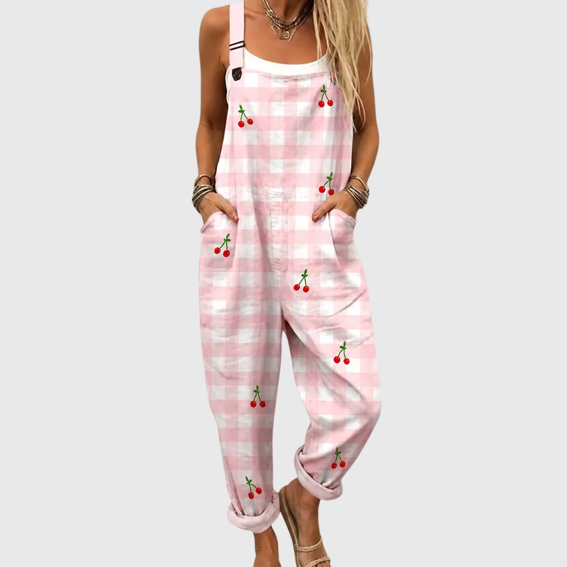 Birgitta – Rutig jumpsuit med körsbärsmönster