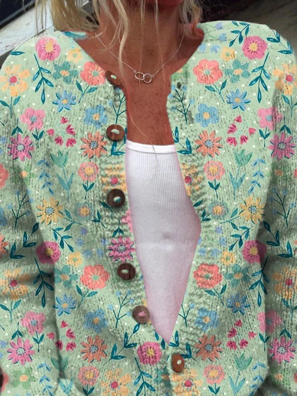 Gerda – Blommig stickad kofta med knappar