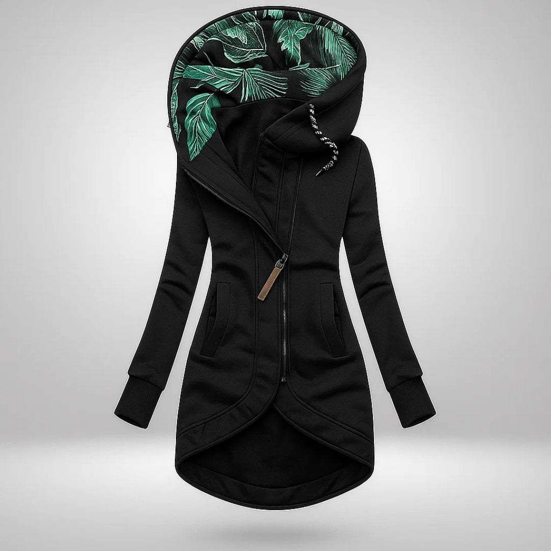 Dorotea – Lång hoodie med dragkedja och huva