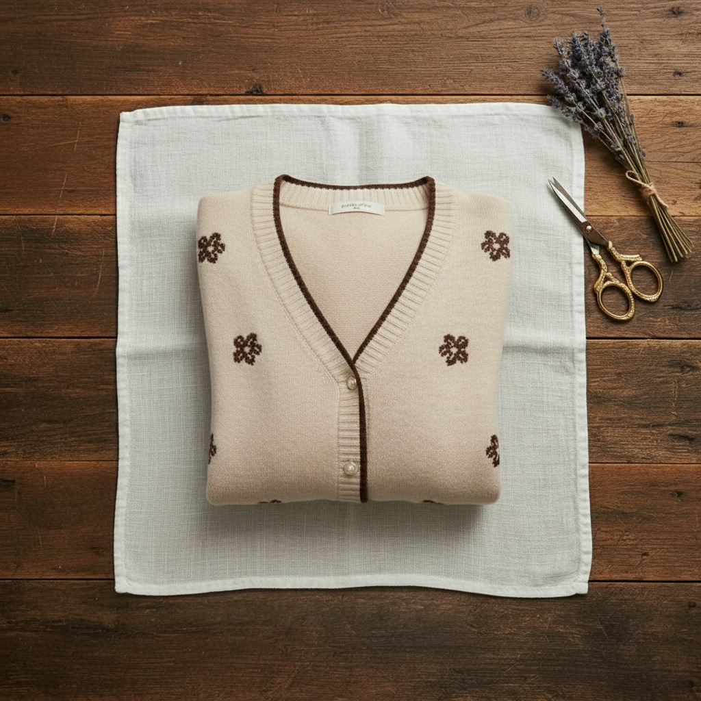 Carola – Stickad kofta med blomdetaljer