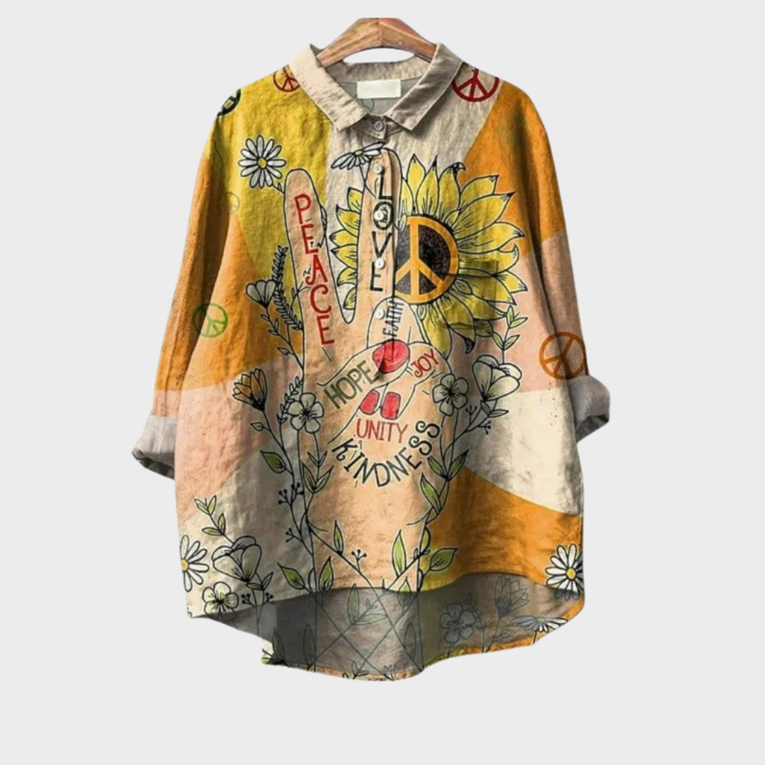 Judit – Elegant sommarskjorta med hippiemotiv och solros