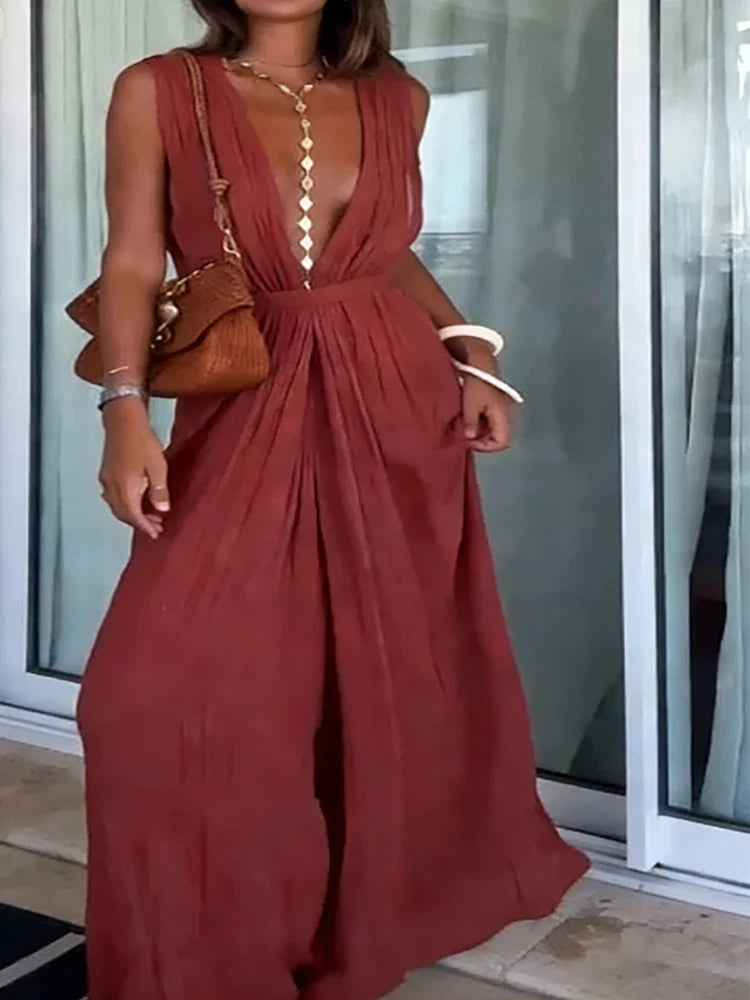 Bengta – Djupt urringad jumpsuit med vid ben