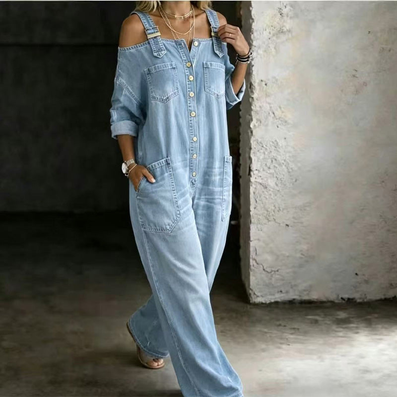 Hillevi – Avslappnad denim jumpsuit med vida ben