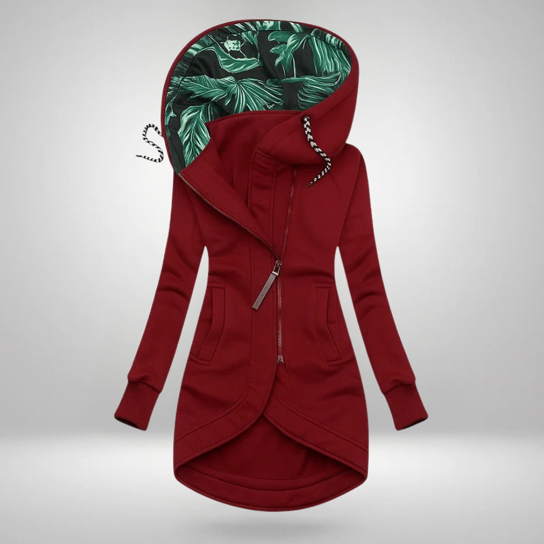 Dorotea – Lång hoodie med dragkedja och huva