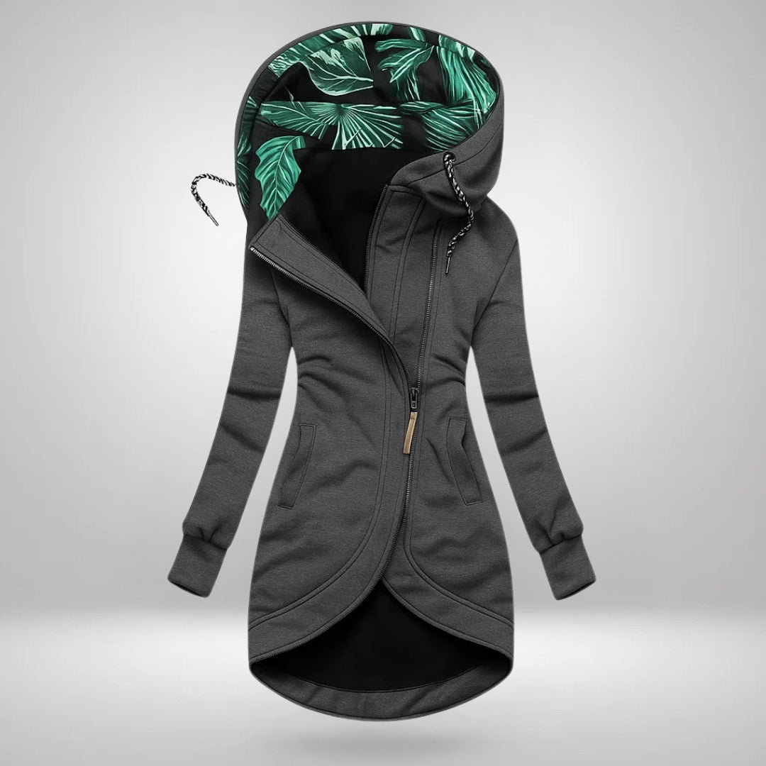 Dorotea – Lång hoodie med dragkedja och huva