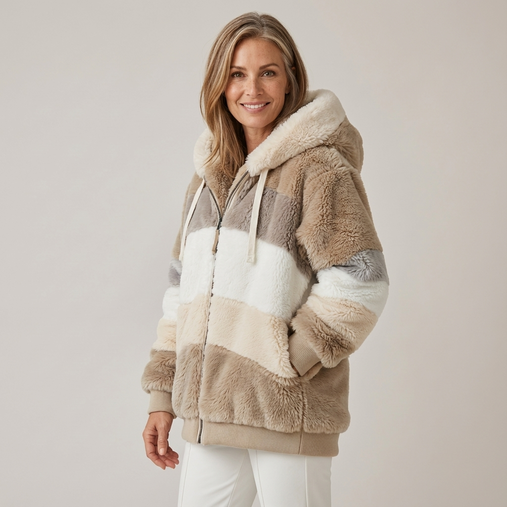 Helena – Fluffig huva-jacka med blockränder