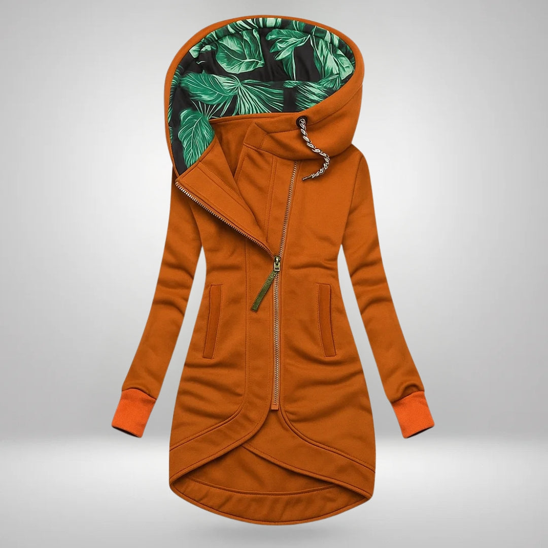 Dorotea – Lång hoodie med dragkedja och huva