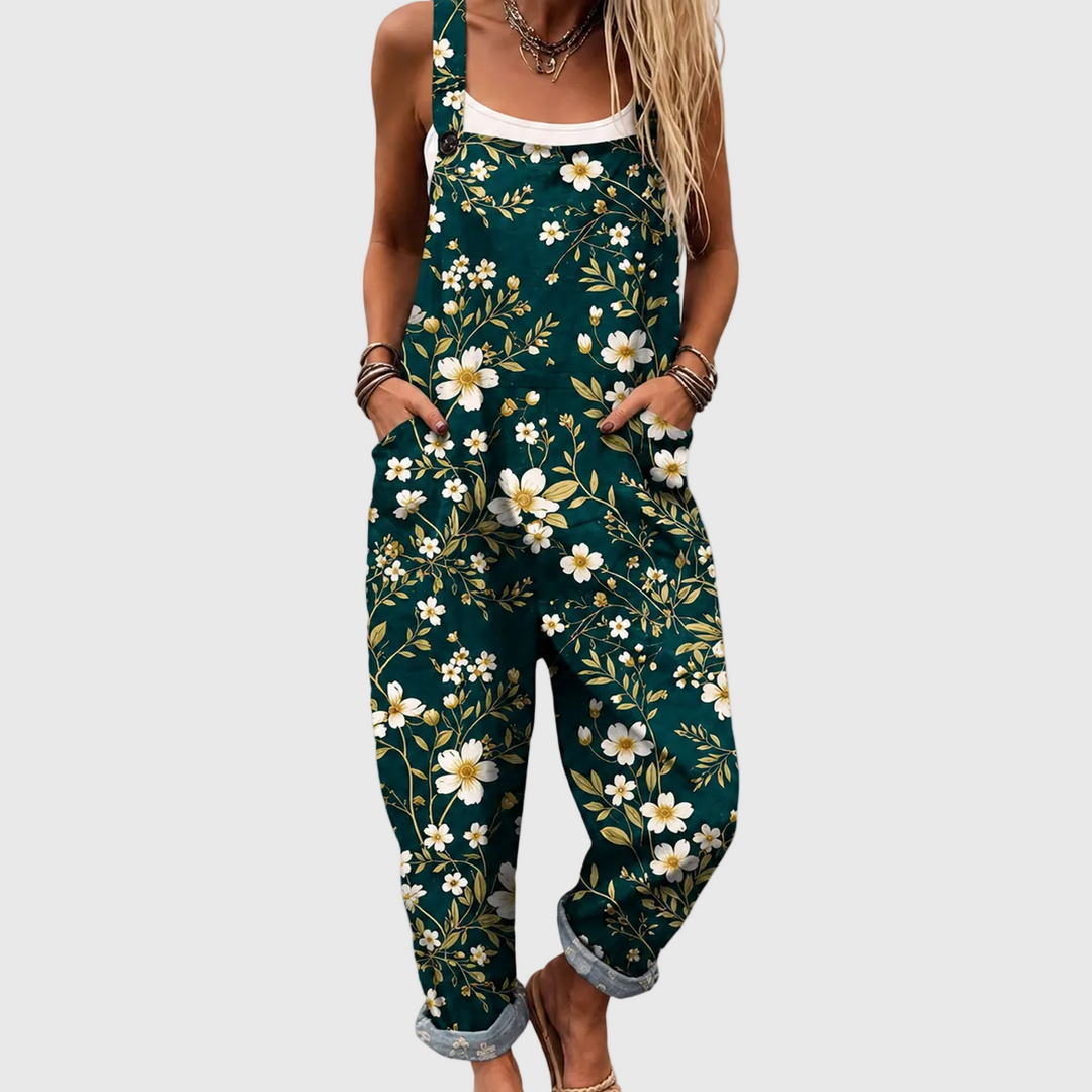 Gerd – Blommig jumpsuit med hängslen