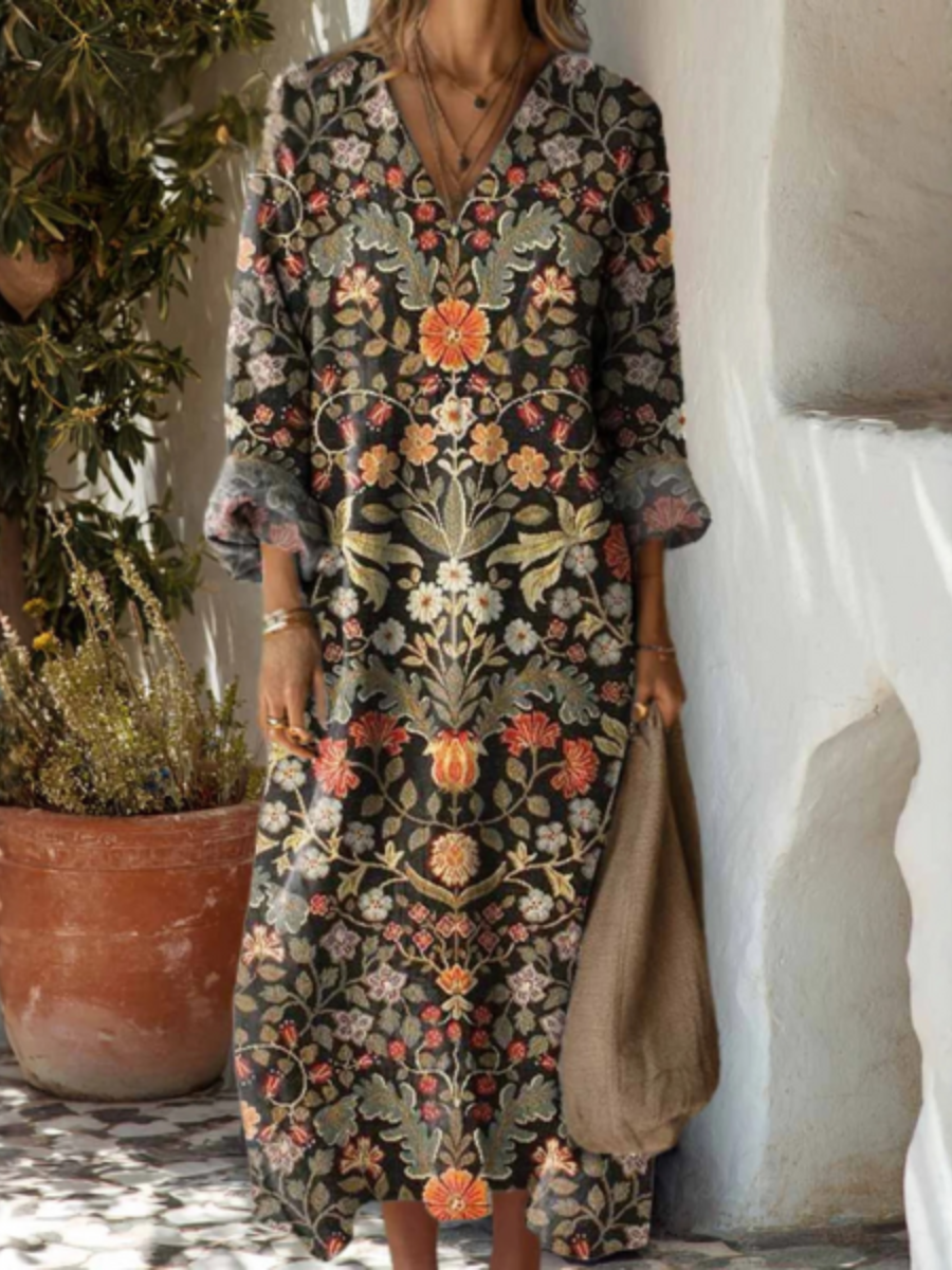 Selma – Bohemisk midiklänning med blomtryck