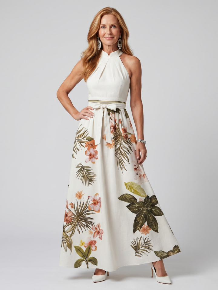 Bodil – Draperad halter maxiklänning med botanisk panel