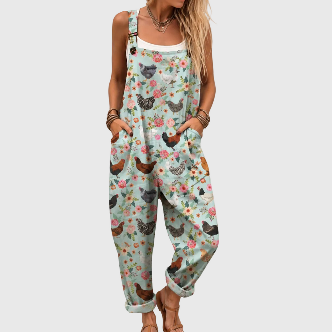 Margareta – Ledig jumpsuit med blommigt hönsmönster