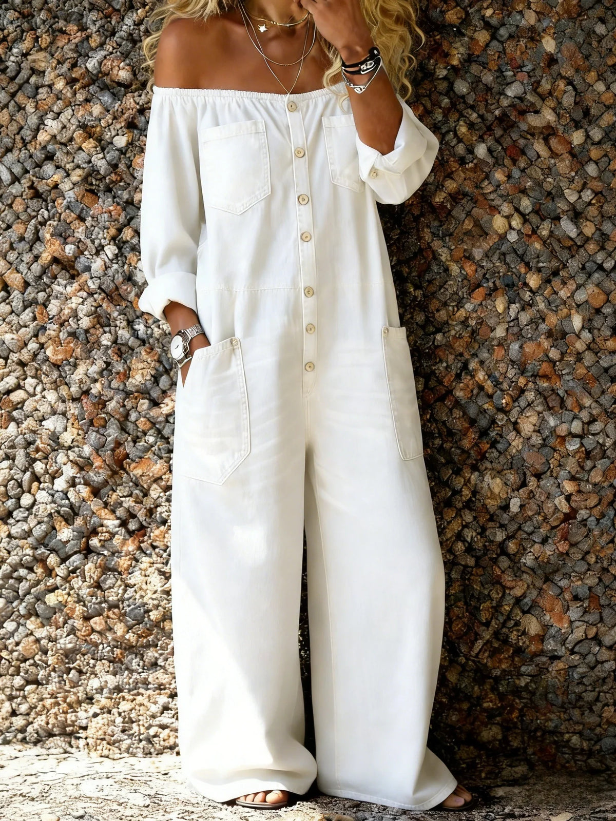 Vanja – Ledig denimjumpsuit med off-shoulder