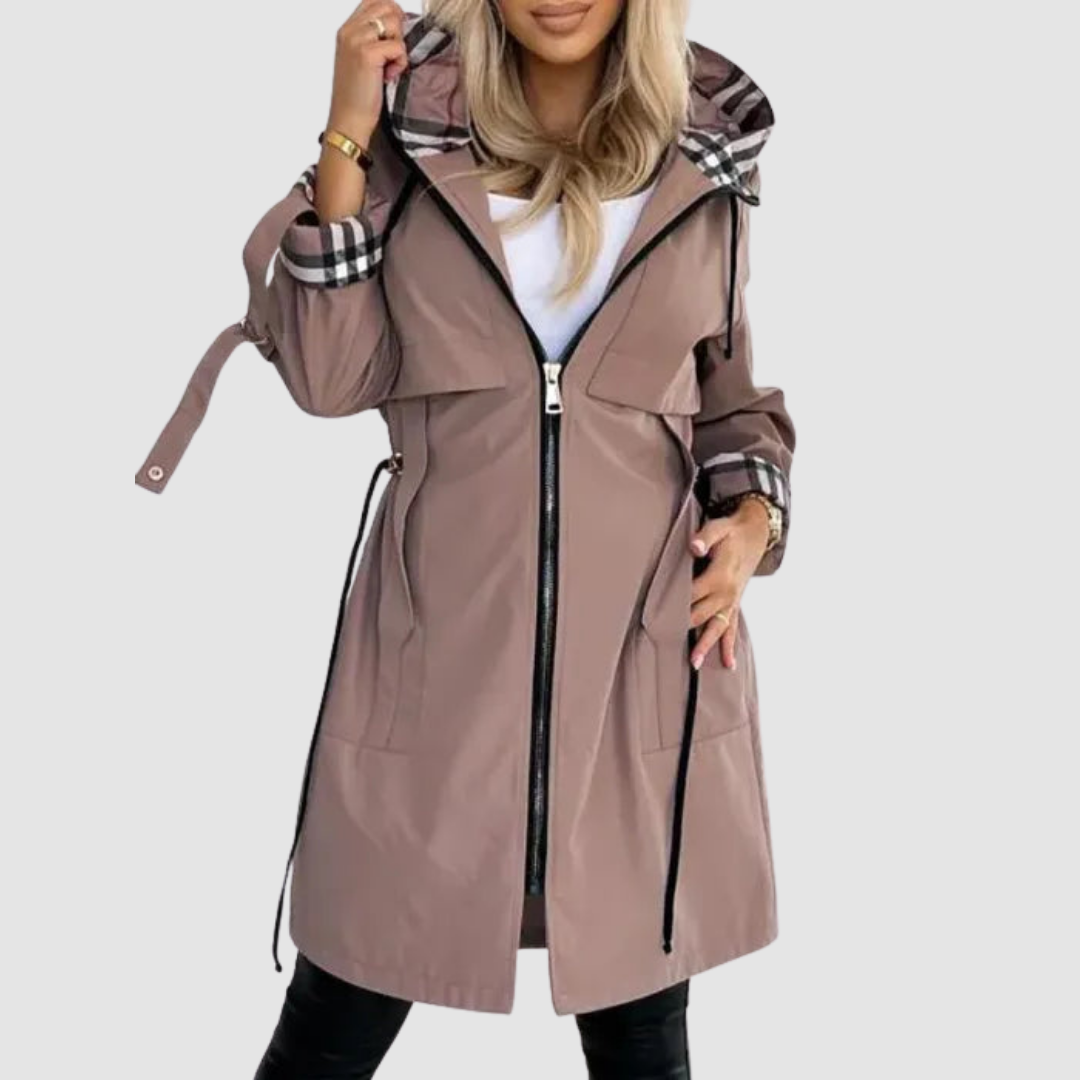Birgit – Hooded långjacka med rutfodrad huva