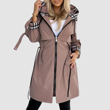Birgit – Hooded långjacka med rutfodrad huva