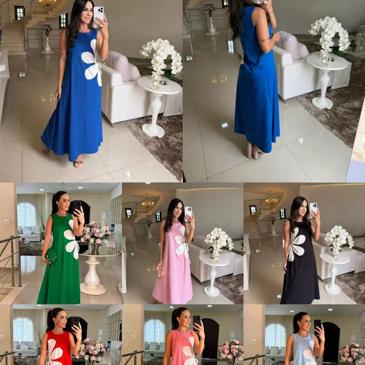 Louise – Ärmlös maxiklänning med blomapplikation