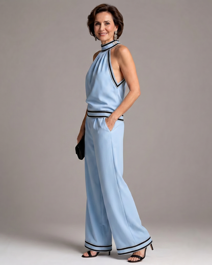 Therese – Overall med halterneck, vida ben och kontrastkant