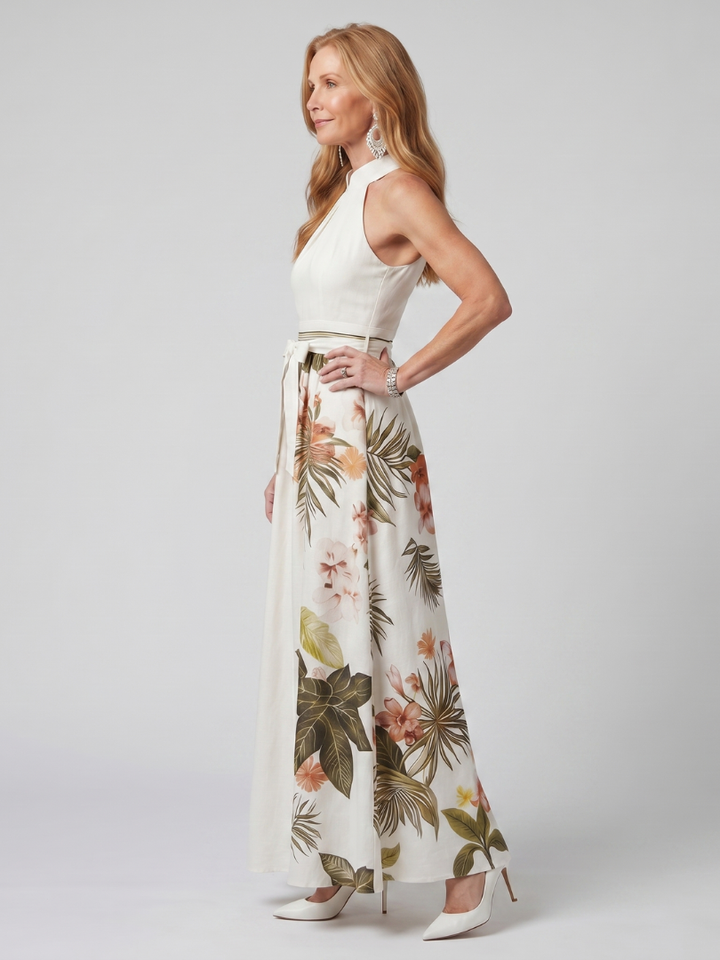 Bodil – Draperad halter maxiklänning med botanisk panel