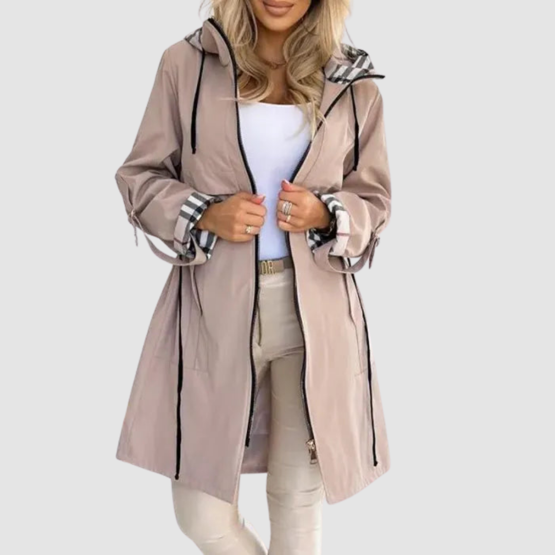Birgit – Hooded långjacka med rutfodrad huva
