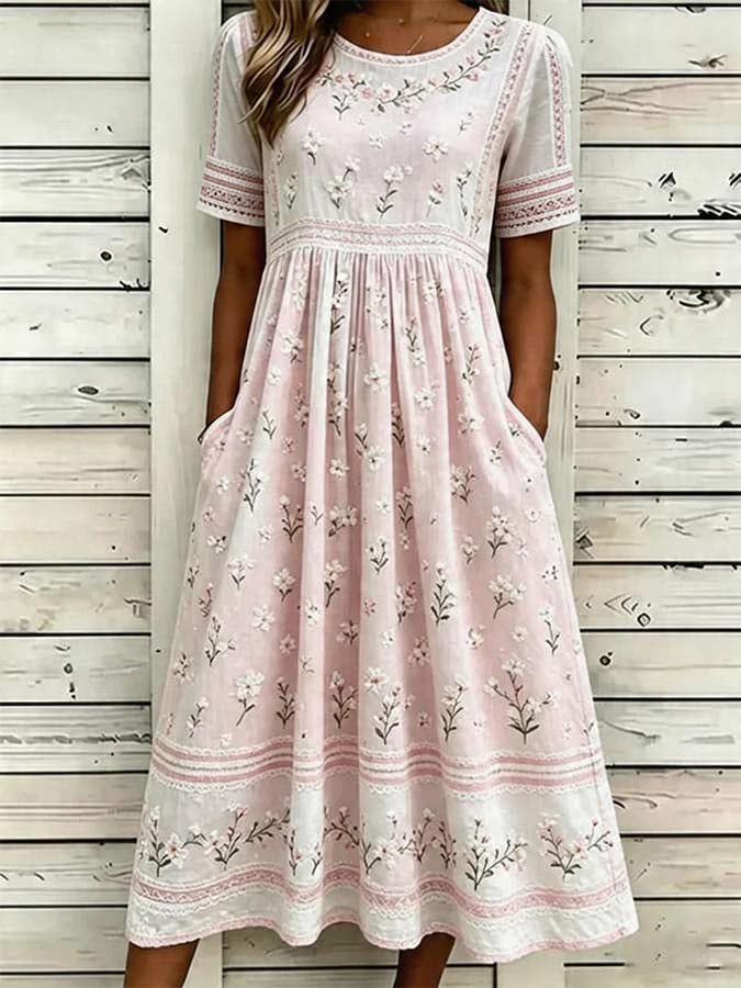 Ingrid – Blommig midiklänning med spetsdetaljer