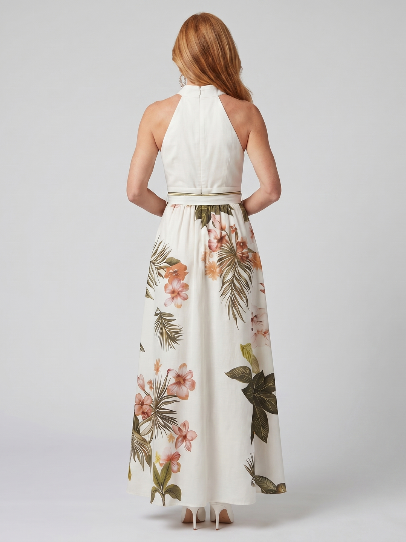 Bodil – Draperad halter maxiklänning med botanisk panel