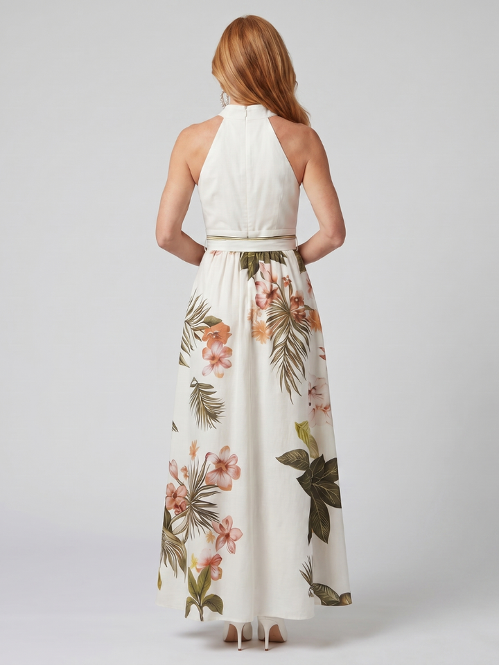 Bodil – Draperad halter maxiklänning med botanisk panel