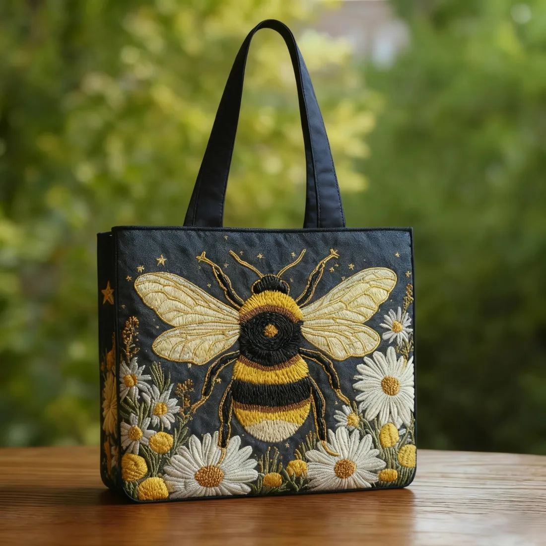 Nina – Handbroderad toteväska med humla och blommor