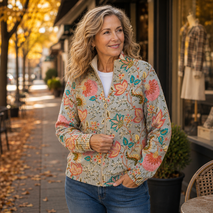 Kerstin – Blommig zipjacka med vintagemönster