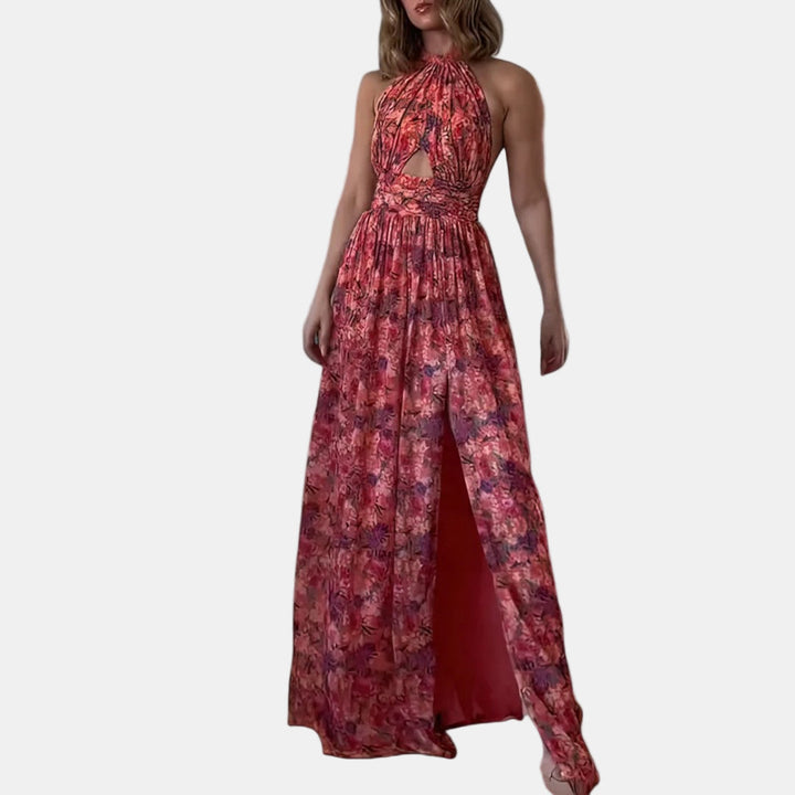 Majken – Elegant maxiklänning med sidoslitsar och blommönster