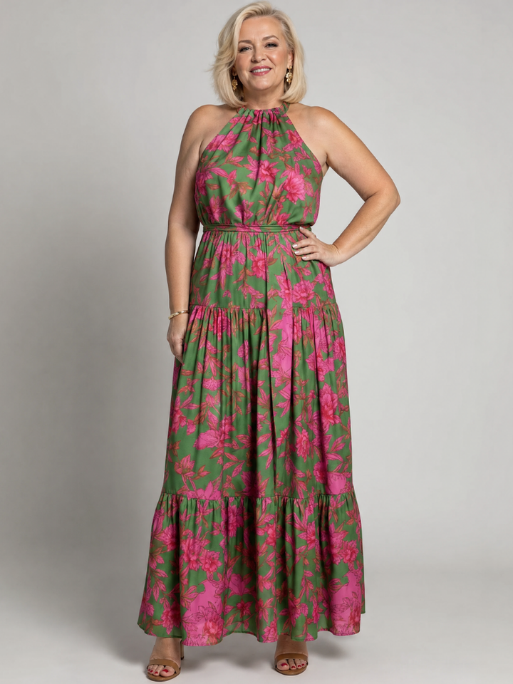 Rebecka – Draperad halter midi-klänning