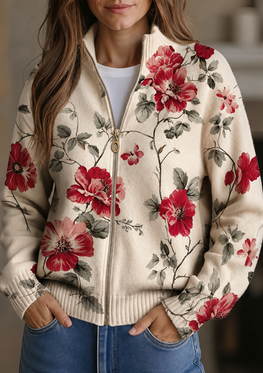 Sabina – Blommig zippkofta med ribbad struktur