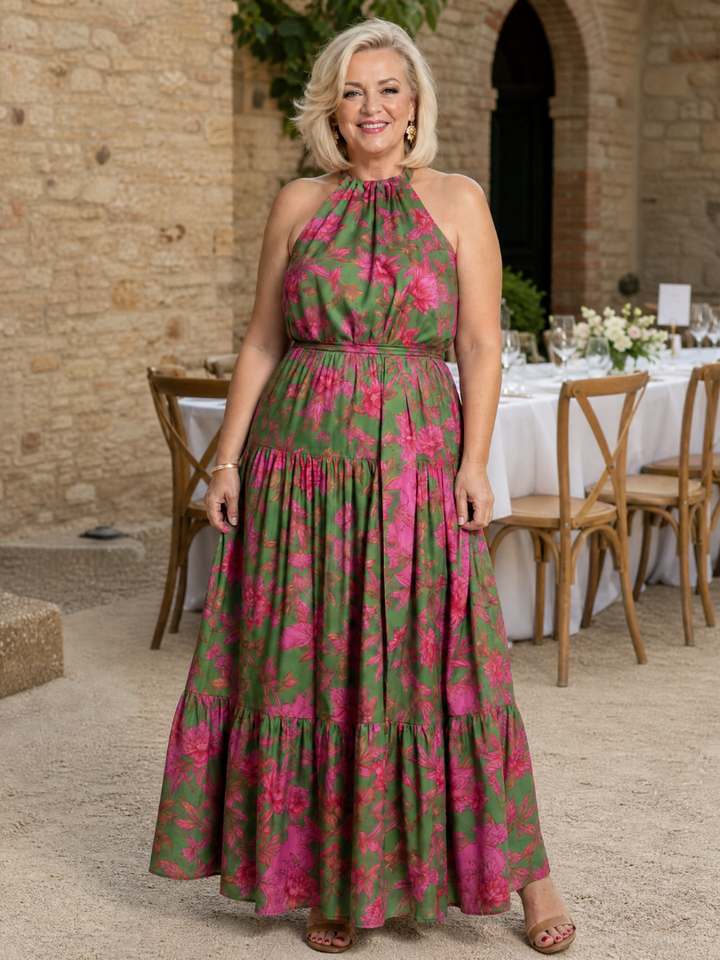 Rebecka – Draperad halter midi-klänning