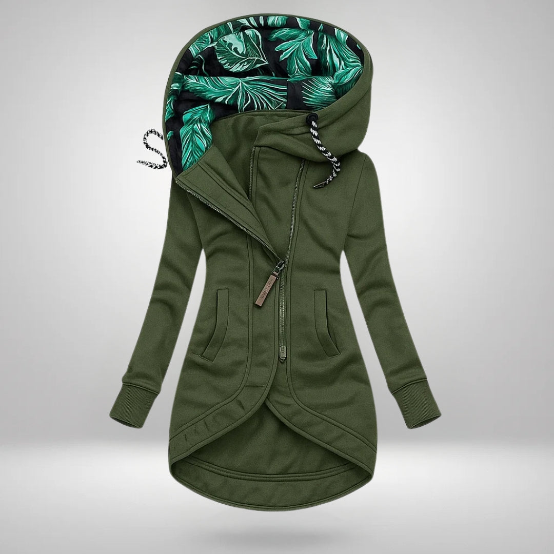 Dorotea – Lång hoodie med dragkedja och huva