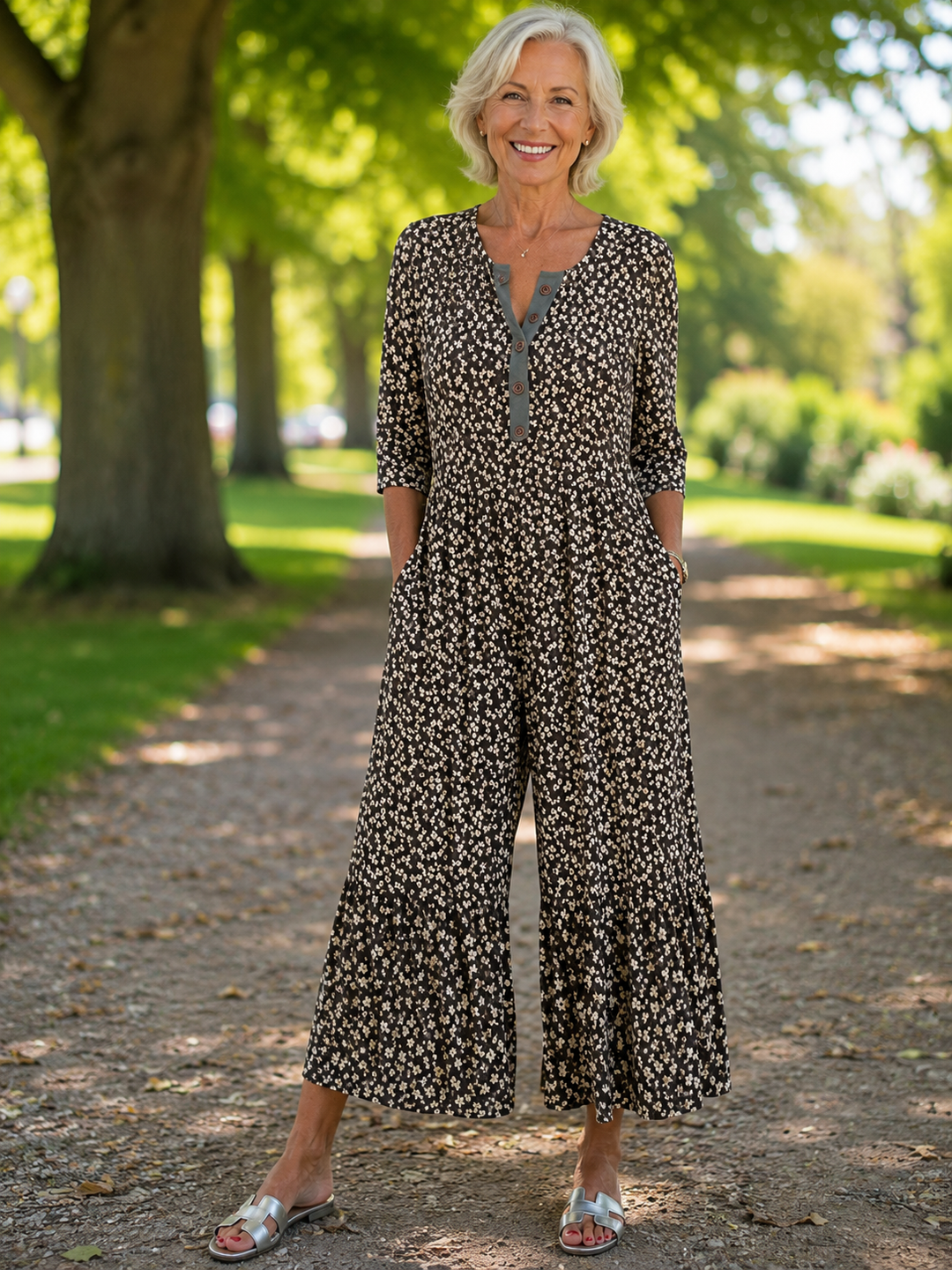 Ingela – Jumpsuit med vida ben och bladmönster