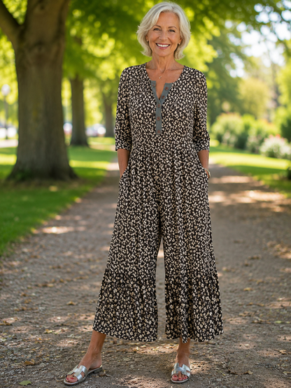 Ingela – Jumpsuit med vida ben och bladmönster
