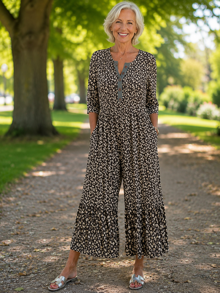 Ingela – Jumpsuit med vida ben och bladmönster