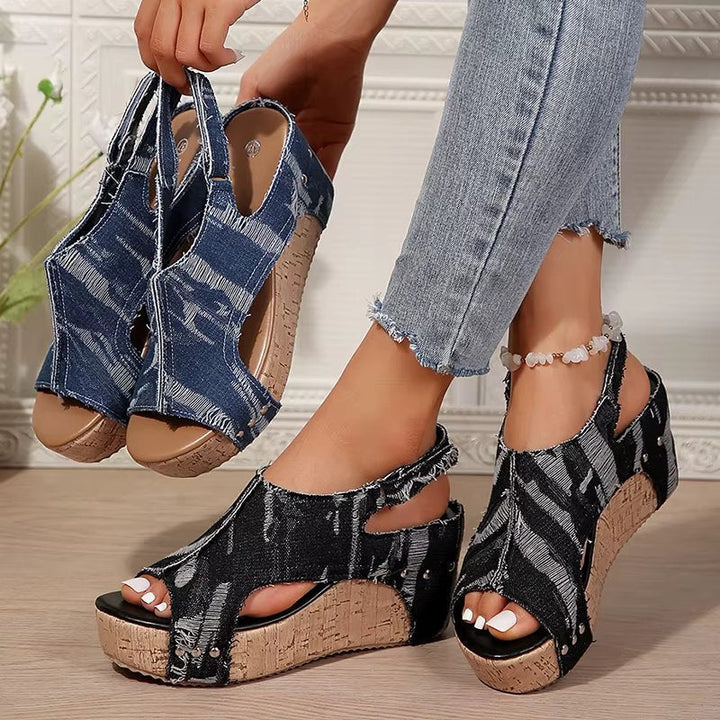 Sonja – Klacksandaler i kork och denim