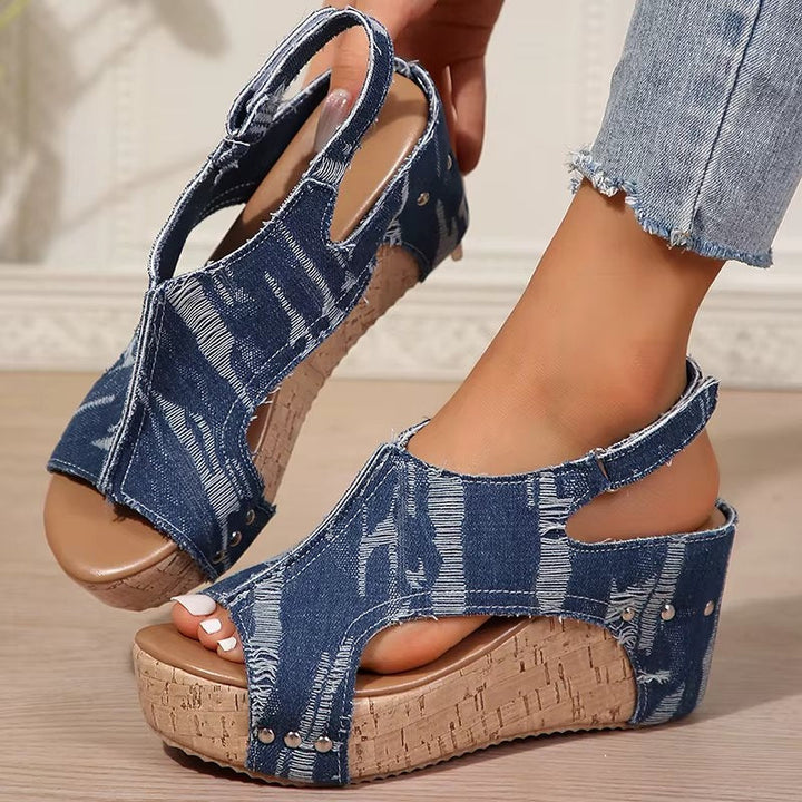 Sonja – Klacksandaler i kork och denim