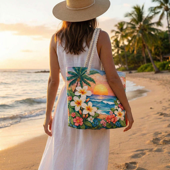 Linnea – Quiltad strandväska med tropiskt mönster