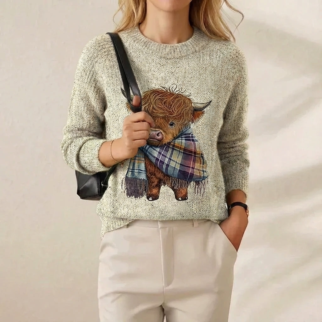 Monica – Stickad tröja med highland cow-motiv