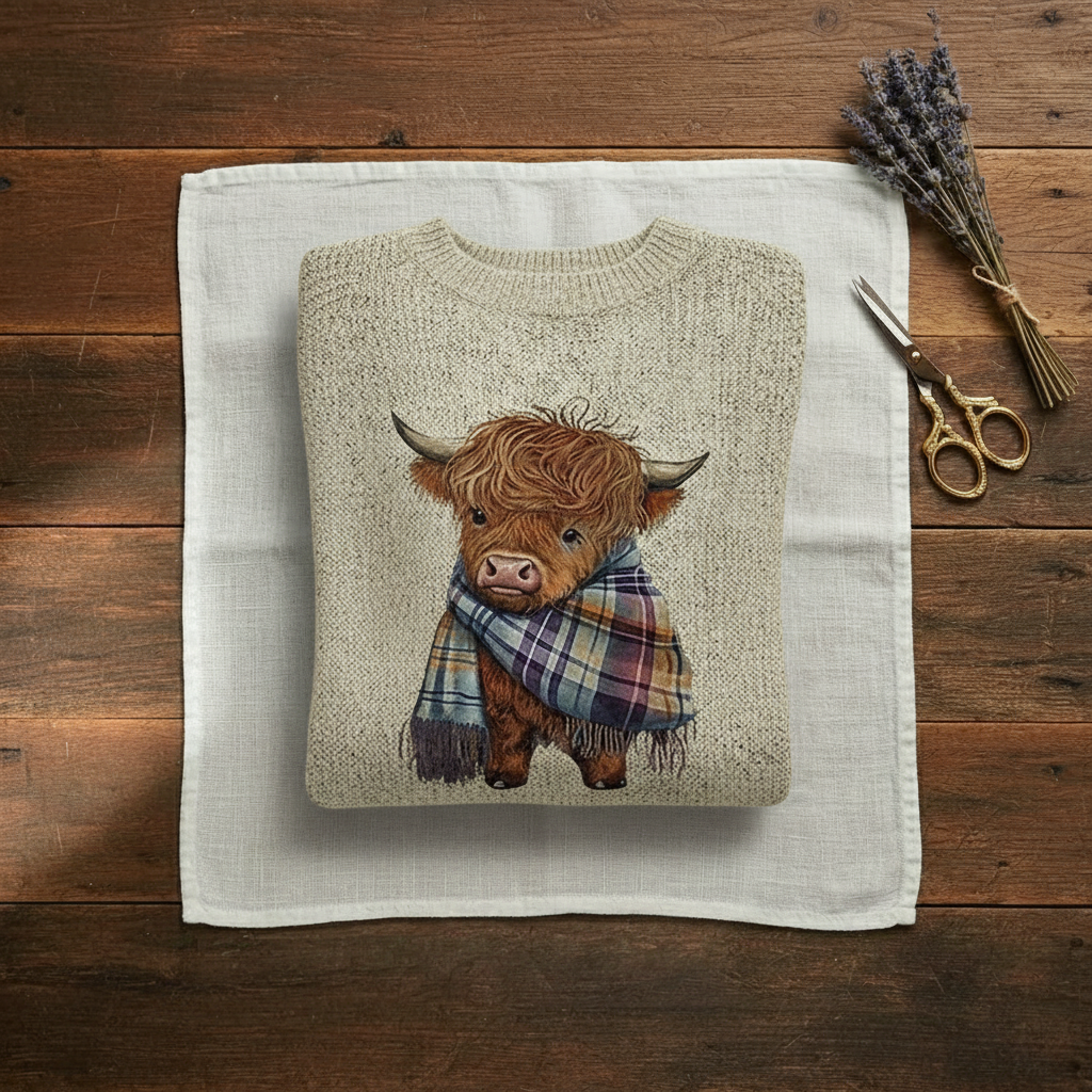 Monica – Stickad tröja med highland cow-motiv