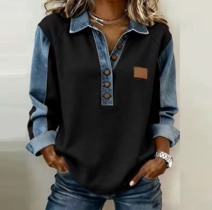 Marta – Collegetröja med denimdetaljer och krage