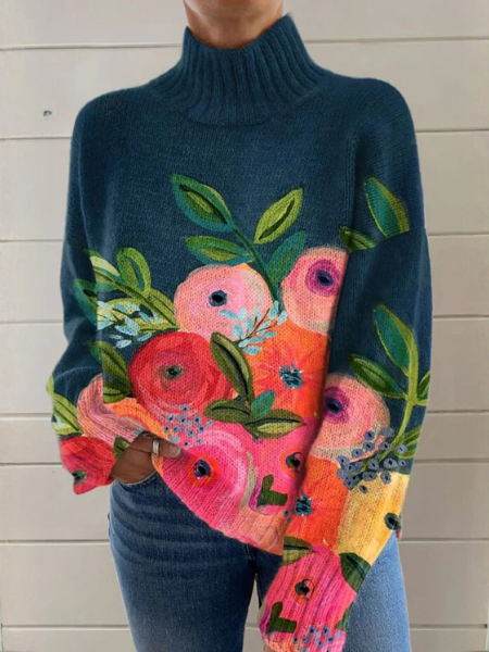 Ingeborg – Stickad polotröja med blomtryck