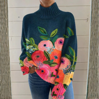 Nanny – Stickad polotröja med blomstermönster