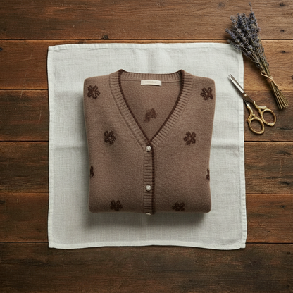 Carola – Stickad kofta med blomdetaljer