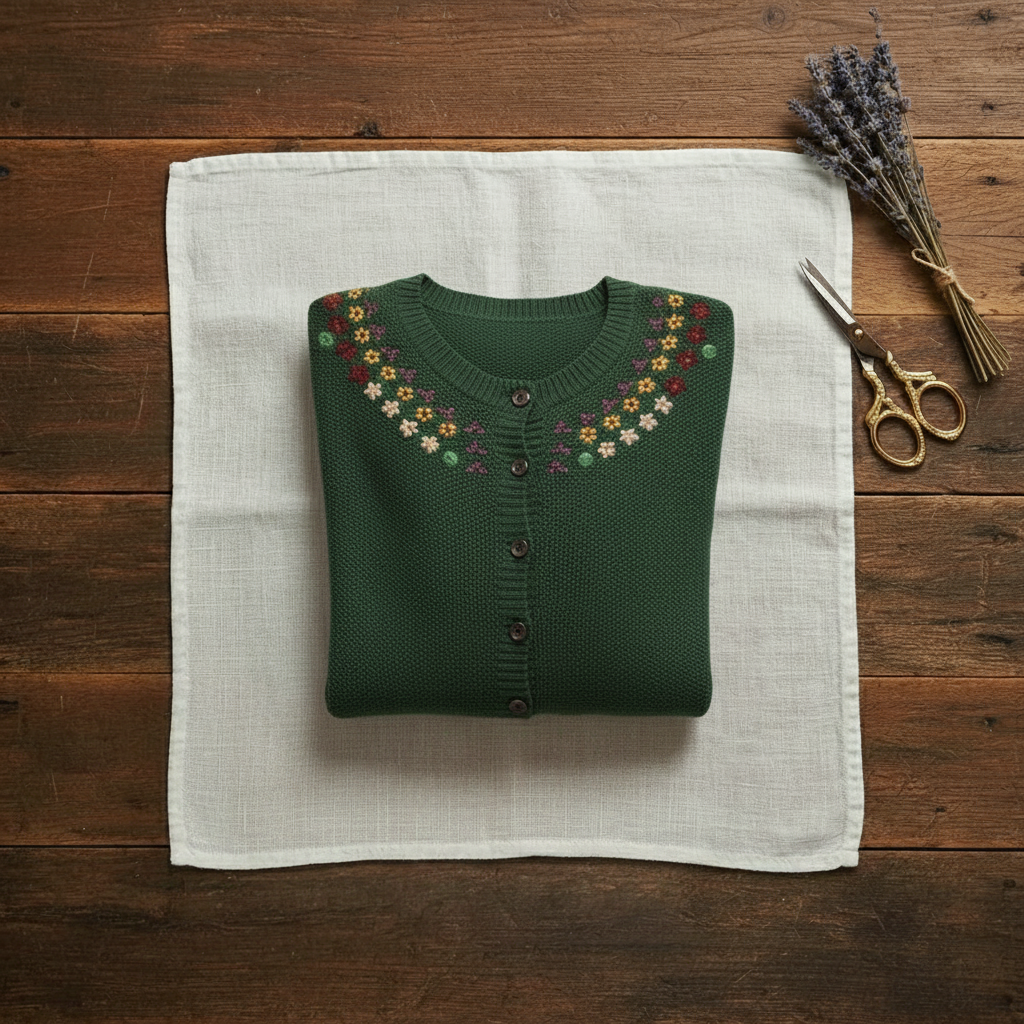 Ingela – Stickad kofta med blomsterbroderi