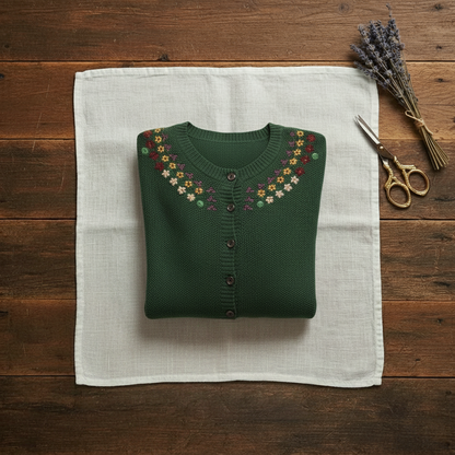 Ingela – Stickad kofta med blomsterbroderi