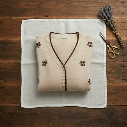 Carola – Stickad kofta med blomdetaljer