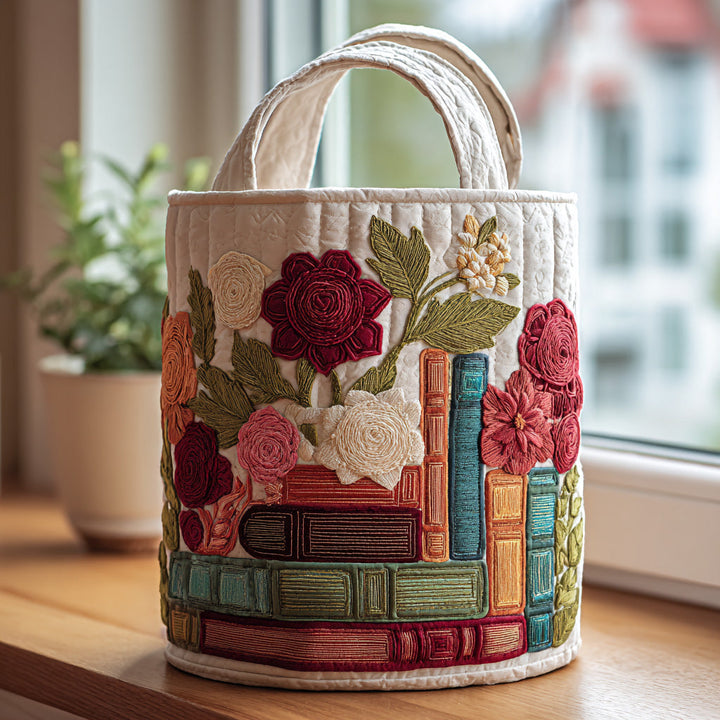 Gudrun – Quiltad tvättkorg med broderat bokryggsmönster