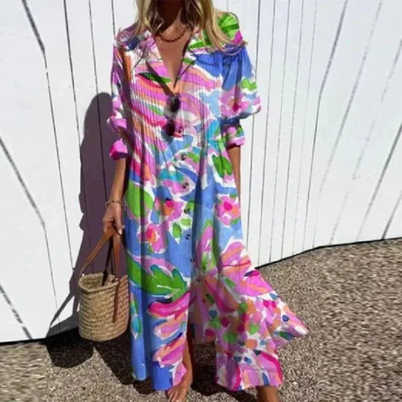 Vivi – Boho-klänning med djup v-ringning och löst sittande snitt