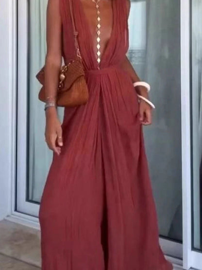 Bengta – Djupt urringad jumpsuit med vid ben